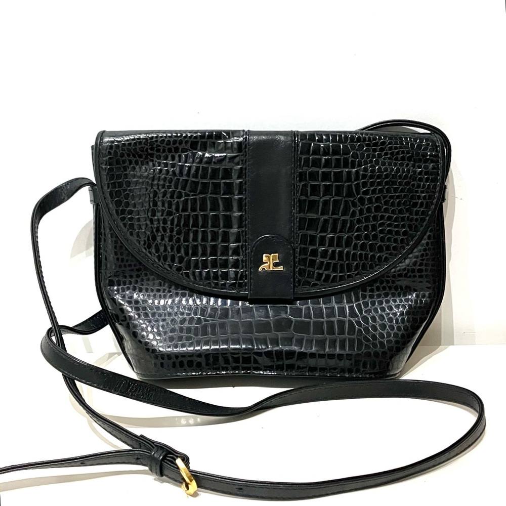 Vintage Courreges Black Croc Effect Leather Crossbody Bag